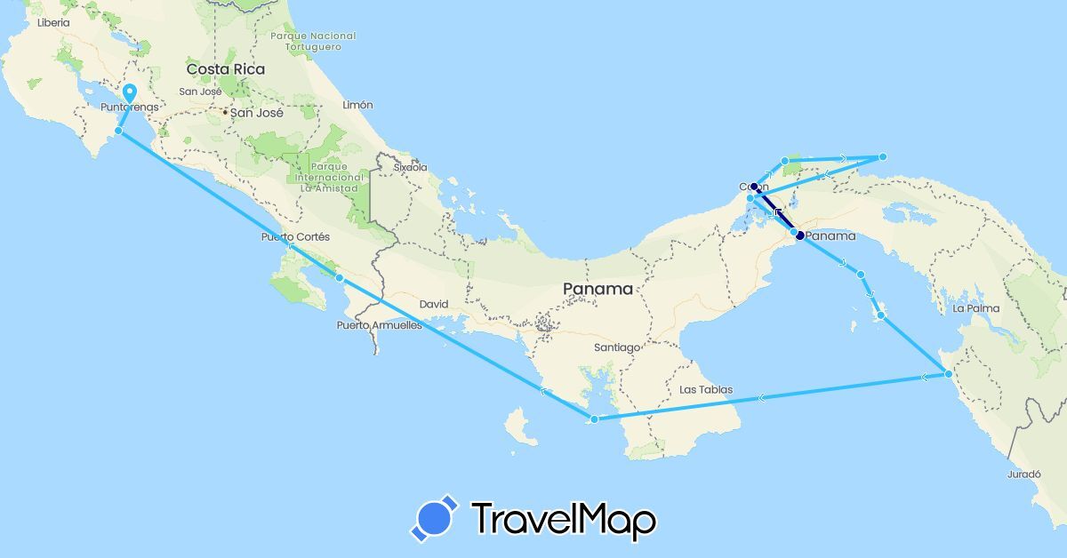 TravelMap itinerary: driving, boat in Costa Rica, Panama (North America)